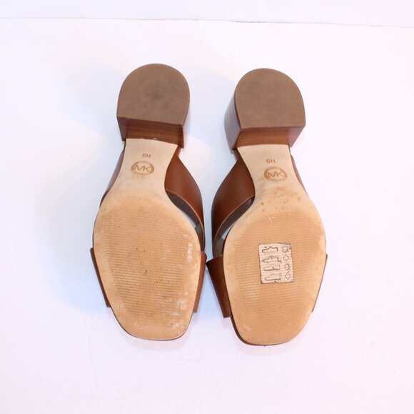Michael Kors Abbott Tan Leather Cognac Criss Cross Slide Mule Sandal Heel Sz 6 - Picture 9 of 14